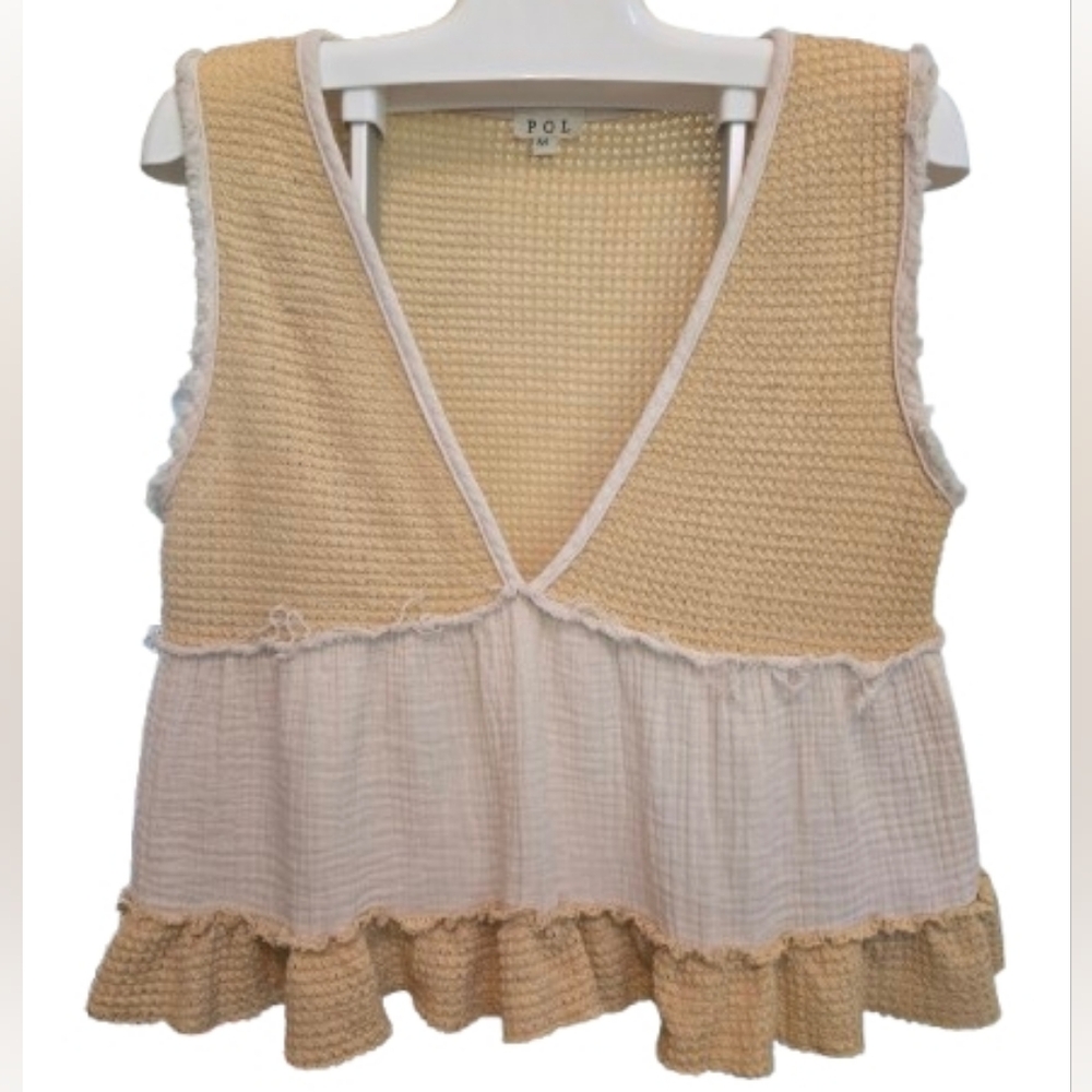 POL Women's Cream and Yellow Thermal And Gauze Babydoll Tank‎